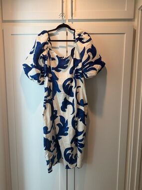 H&M blue and white abstract print balloon-sleeved sheath dress, XL